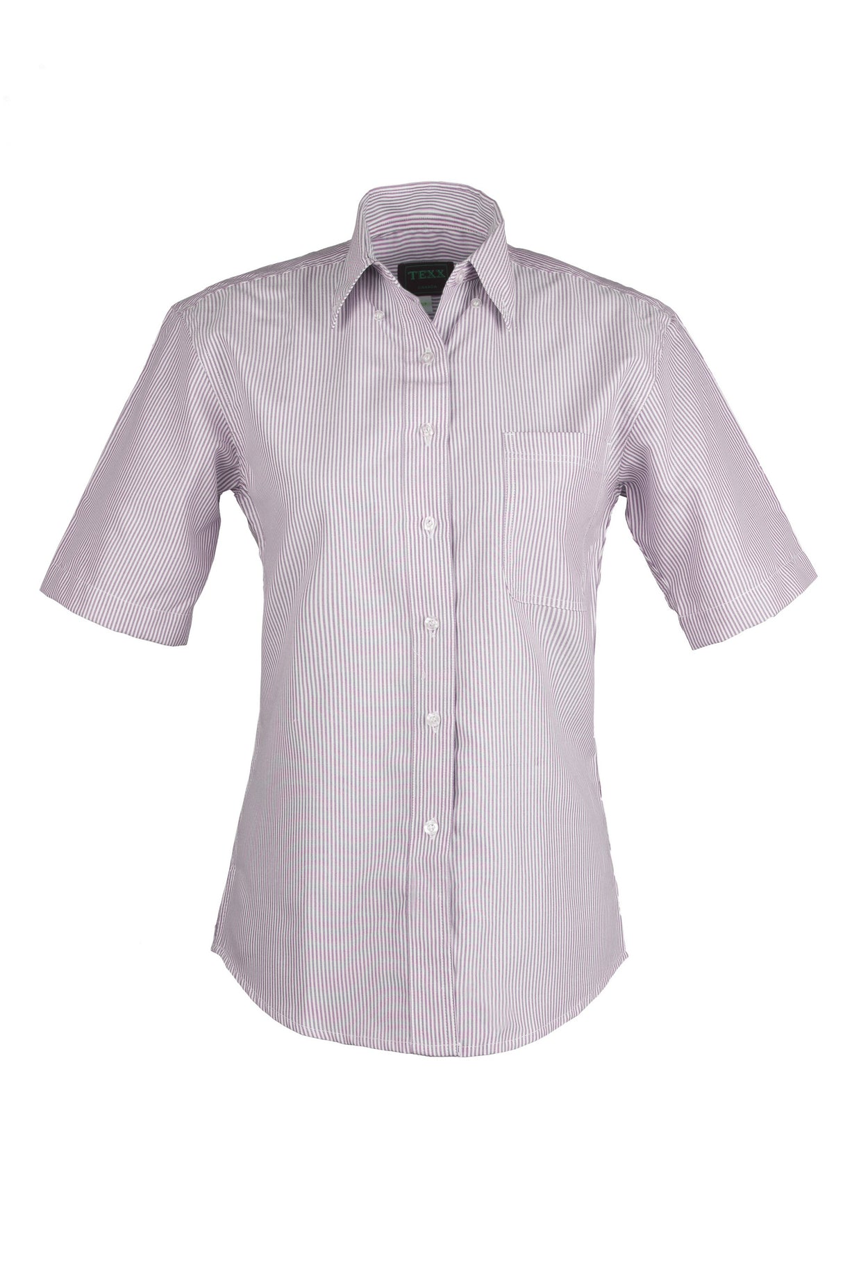 Ladies Cotton Blend Oxford Striped Short Sleeve Shirt (Burgundy) (XS-3XL)