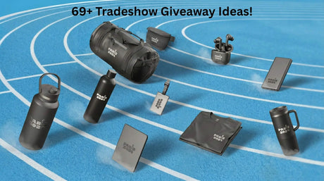 69+ trade show giveaway ideas including bags, drinkware, tech accessories, and clothing.