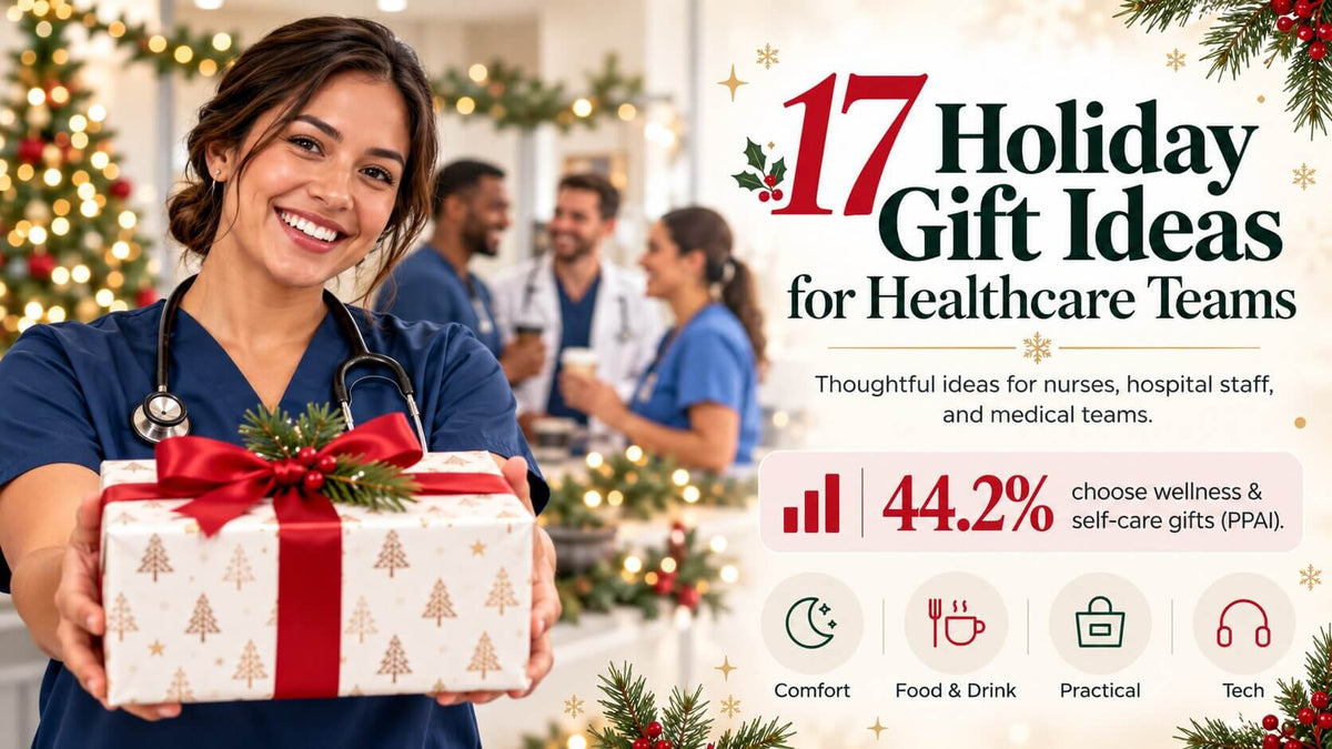 17 holiday gift ideas for healthcare employees, nurses, and medical teams: a smiling nurse holds out a wrapped gift in a festive hospital.