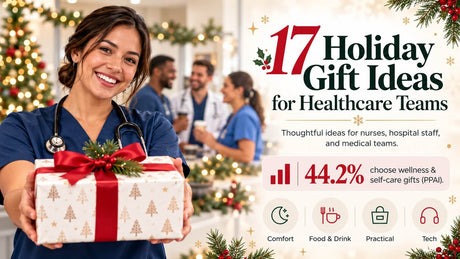 17 holiday gift ideas for healthcare employees, nurses, and medical teams: a smiling nurse holds out a wrapped gift in a festive hospital.