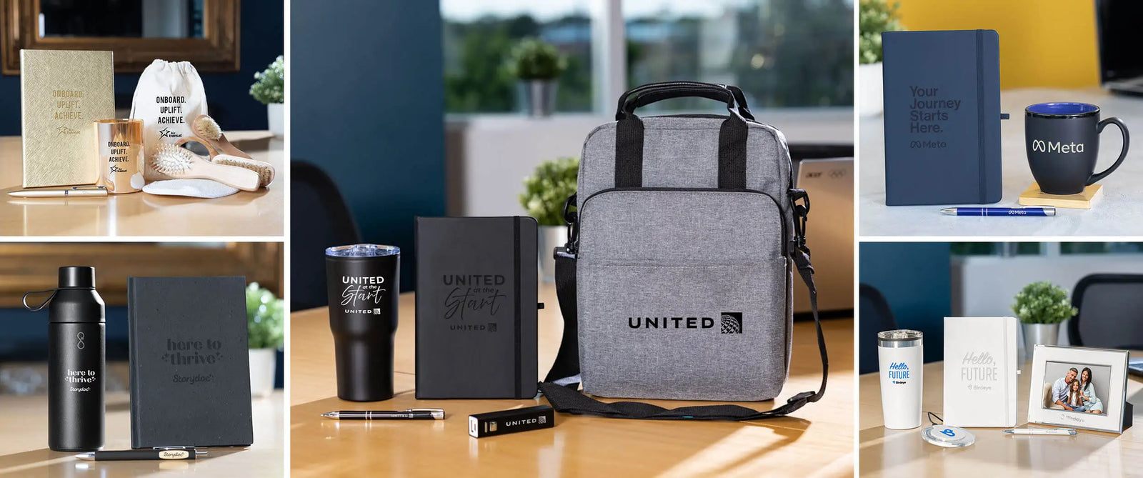 New hire swag boxes featuring themed branded kits from United, Meta, Storydoc, and Boldly, including notebooks, tumblers, bags, mugs, and welcome accessories.
