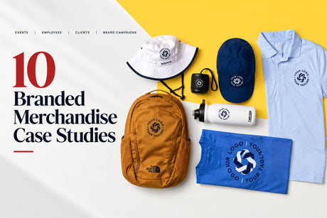 Branded merchandise flat lay with a backpack, hats, polo shirt, T-shirt, water bottle, and speaker beside the title 10 Branded Merchandise Case Studies.