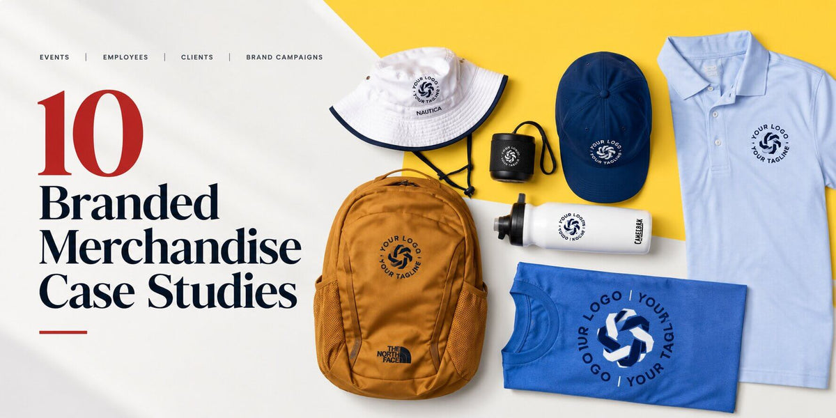 Branded merchandise flat lay with a backpack, hats, polo shirt, T-shirt, water bottle, and speaker beside the title 10 Branded Merchandise Case Studies.
