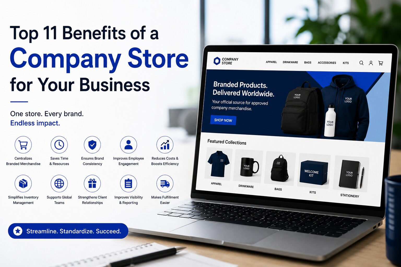 Top benefits of a company store for managing branded merchandise, employee apparel, inventory, procurement, and global fulfillment.