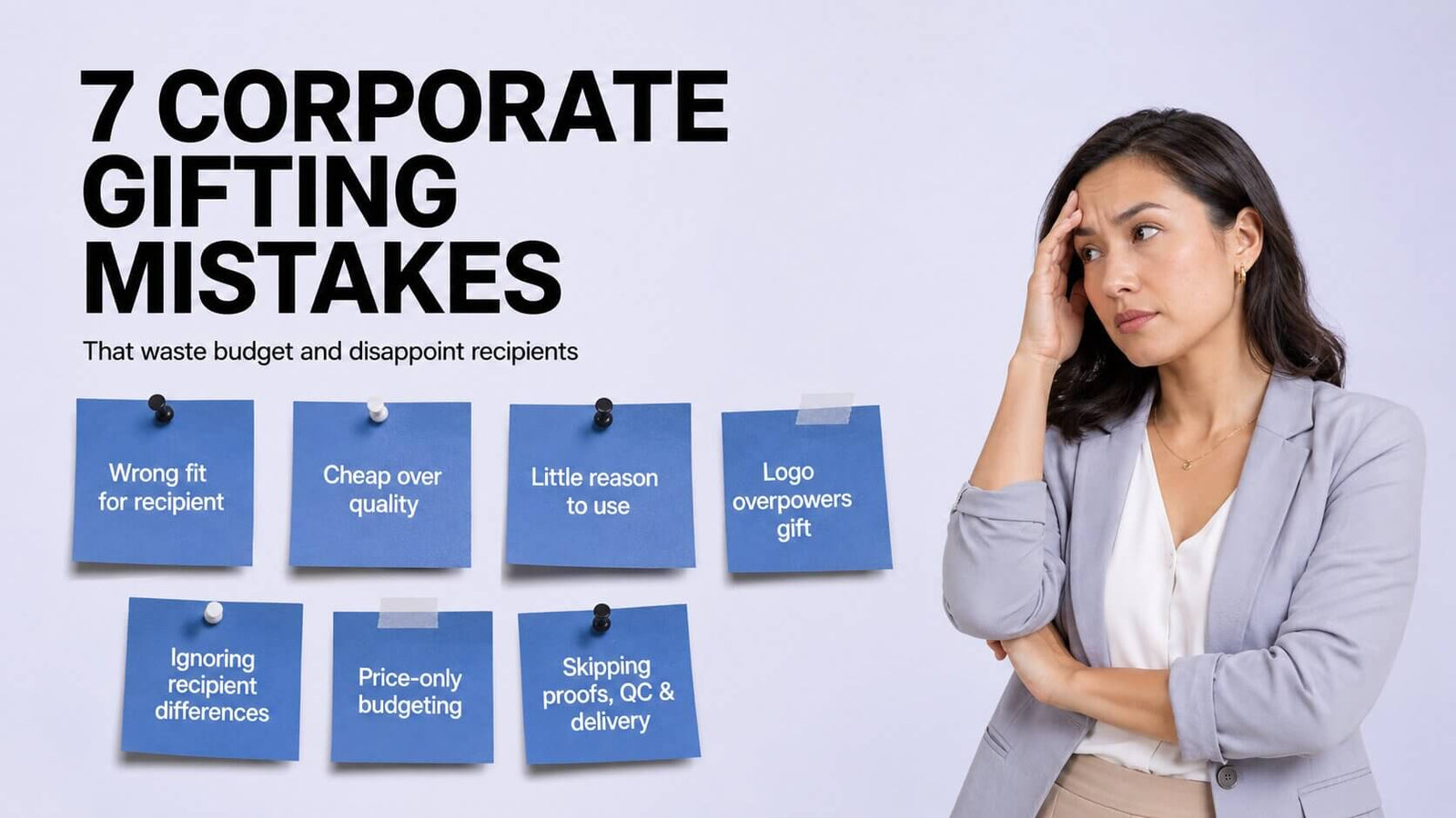 Woman reviewing seven common corporate gifting mistakes, including poor recipient fit, low quality, overbranding, budgeting, and delivery issues.