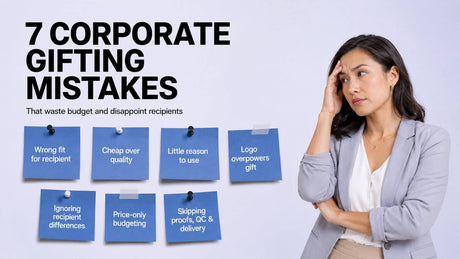 Woman reviewing seven common corporate gifting mistakes, including poor recipient fit, low quality, overbranding, budgeting, and delivery issues.