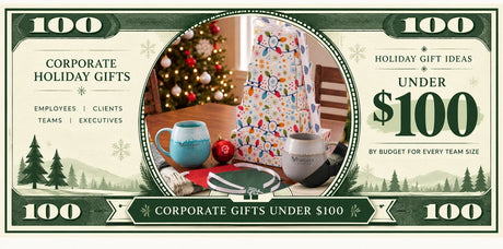 Banner for GiftAFeeling’s guide to corporate holiday gift ideas under $100, organized by budget for employees, clients, teams and executives. It features branded ceramic mugs, a stack of holiday gift boxes and other festive gifts in a holiday setting.
