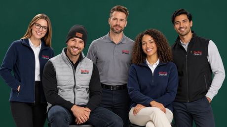 Group of employees wearing a mix of branded apparel, including a jacket, insulated vest, polo, quarter-zip, and beanie, representing holiday gift options for office, remote, field, and mixed teams.