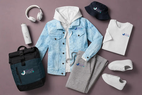 Custom branded merchandise including an acid-wash denim jacket, hoodie, t-shirt, sweatpants, bucket hat, backpack, and water bottle, with several items featuring a company logo.
