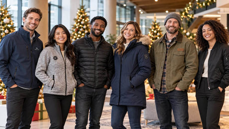 Six smiling employees in a festive office lobby wearing different custom jackets, including a softshell, sweater fleece, puffer, hooded parka, canvas work jacket, and bomber.