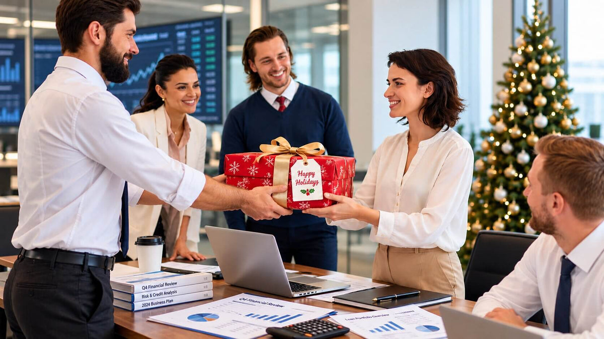 A smiling employee receives a wrapped holiday gift from a coworker as her team watches in a finance office.