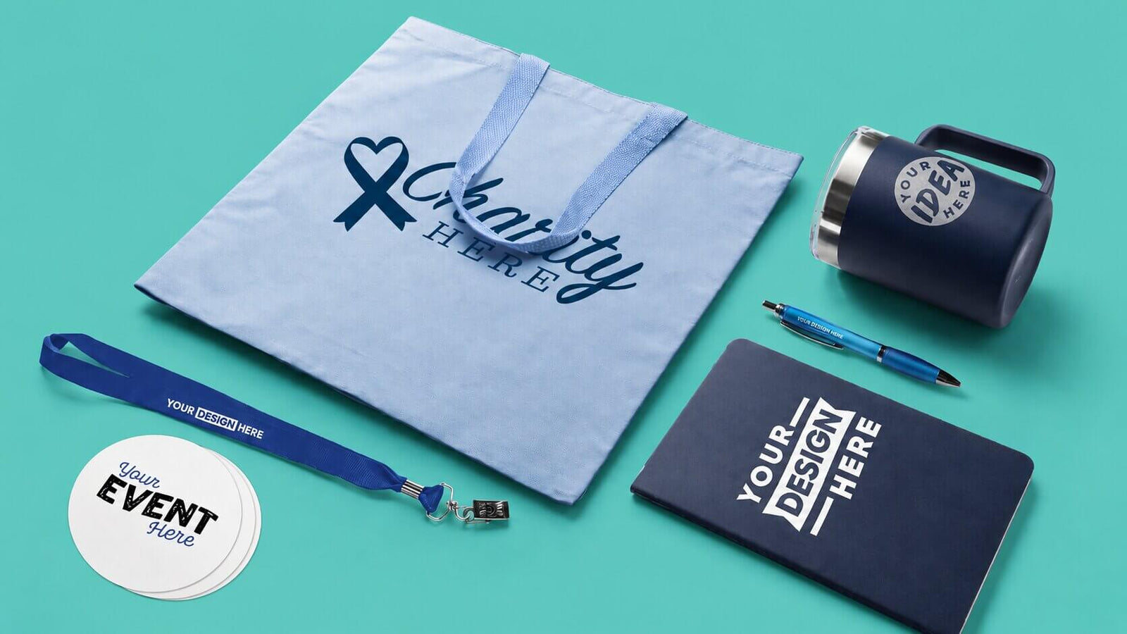 Branded event giveaway ideas including a tote bag, lanyard, tumbler, notebook and pen.