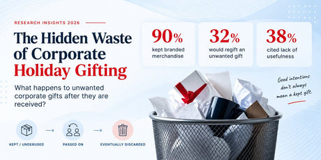 Corporate holiday gift waste infographic: 90% kept branded merchandise, 32% would regift, 38% cited lack of usefulness.