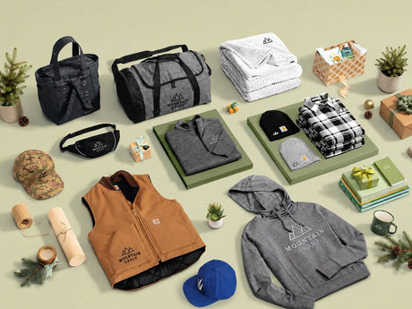 Branded workwear, duffel bags, beanies, hoodies, blankets, and other practical holiday gifts for construction workers.