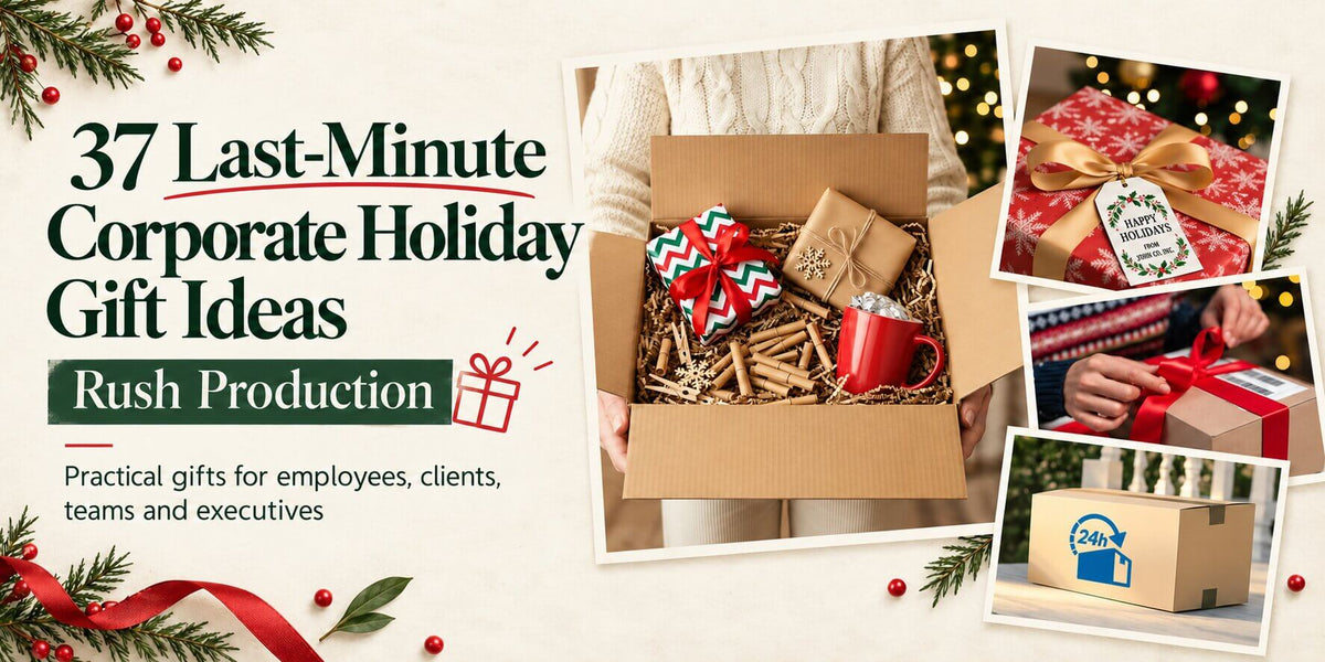 Banner for GiftAFeeling’s guide to last-minute corporate holiday gifts with rush production. It shows a person holding an open box of wrapped holiday gifts, with smaller photos of gift wrapping and a parcel ready to ship.