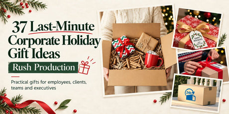 Banner for GiftAFeeling’s guide to last-minute corporate holiday gifts with rush production. It shows a person holding an open box of wrapped holiday gifts, with smaller photos of gift wrapping and a parcel ready to ship.