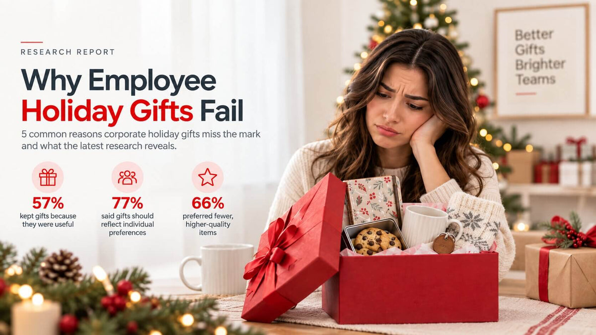Woman looking disappointed while unboxing a corporate holiday gift box with cookies, a mug, and a notebook beside research stats on why employee holiday gifts fail.