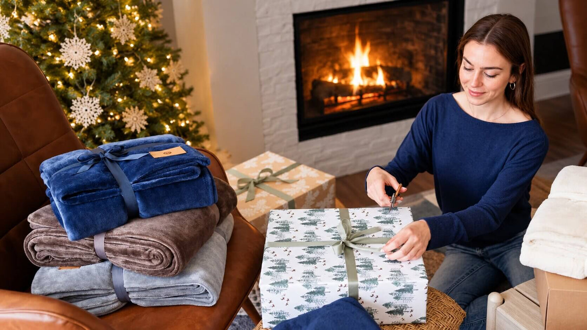 Woman wrapping a winter gift by a fireplace next to a stack of branded plush blankets for employees.