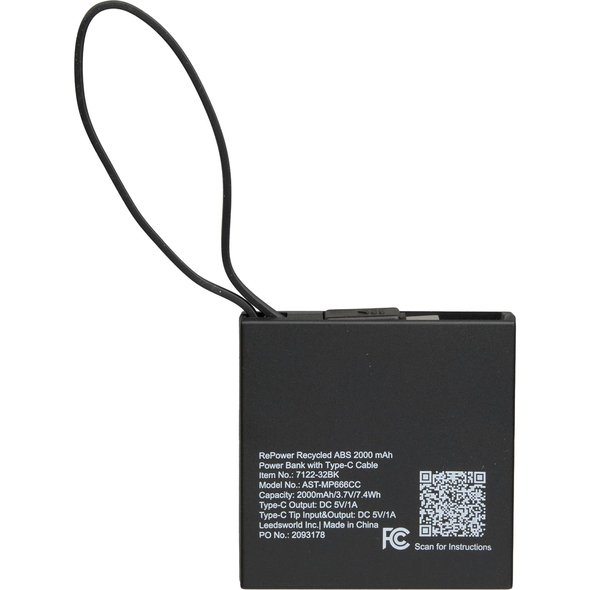 Recycled 2,000 mAh Power Bank with Type-C Cable