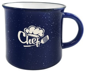 Campfire 16oz cobalt/white mug with black distress trim white speckles in Ripple gift box - Etch