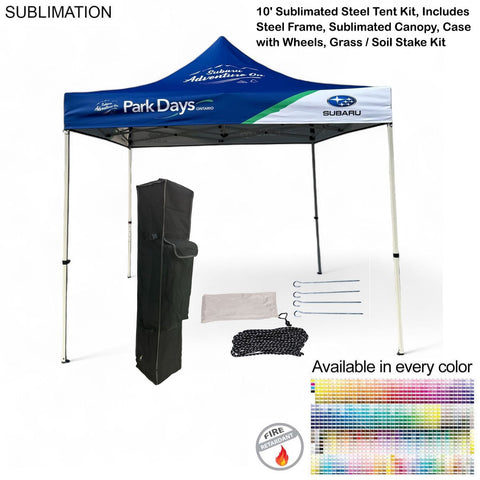 10' Steel Tent Kit, Includes Steel Frame, Sublimated Canopy, Case, Grass Stake Kit