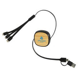 000715 Bamboo Retractable 3-in-1 Charging Cable with Dual Inputs