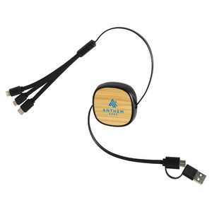 000715 Bamboo Retractable 3-in-1 Charging Cable with Dual Inputs