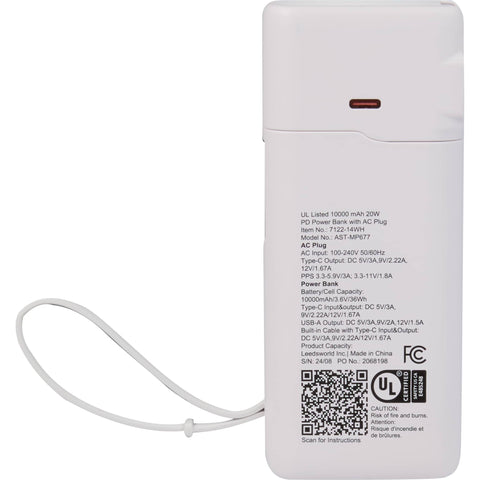 UL Listed 10,000 mAh 20W PD Power Bank with AC Plug