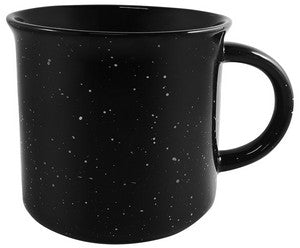 Campfire 16oz black mug with black distress trim white speckles in Ripple gift box - Etched