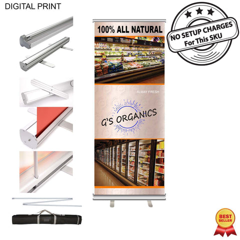 Premium Retractable Banner w/Graphics, Stand and Bag, Standard Base, NO SETUP CHARGE (33.5