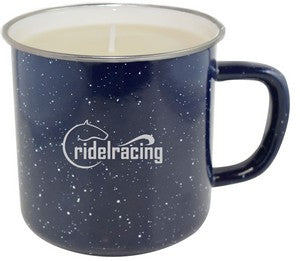 Happy Camper Candle, enamel mug w/SS rim cobalt with Citronella wax fill