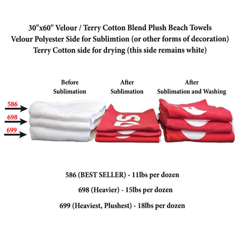 Heaviest Weight, Plush Velour Terry Cotton Blend Beach Towel, 30x60, Sublimated Logo Edge to Edge