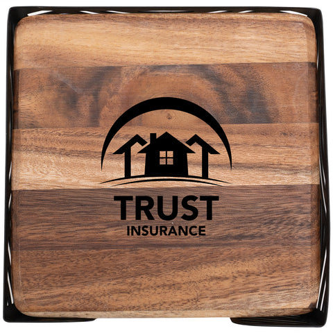 4 Pc. Acacia Wood Square Coaster Set with Black Metal Stand