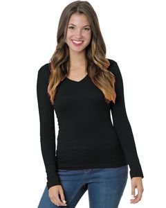 BAYSIDE Ladies' USA Made Long-Sleeve Deep V-Neck T-Shirt