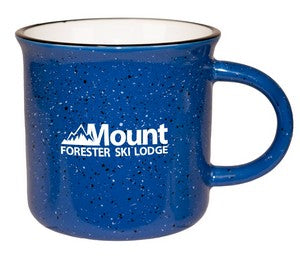 Fireside 16oz speckled blue/white mug with black trim in a Ripple gift box