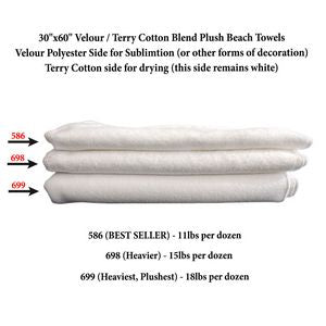 Heaviest Weight, Plush Velour Terry Cotton Blend White Beach Towel, 30x60, Blank Only