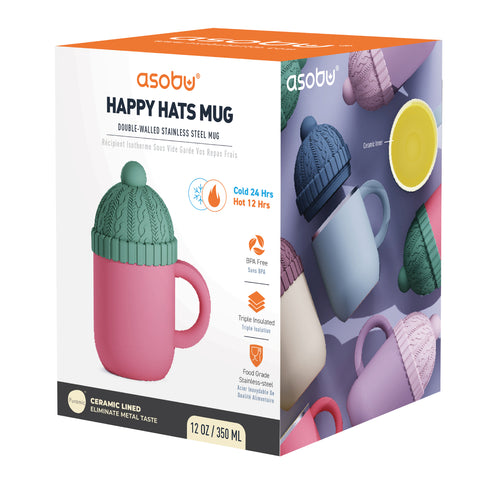 12 oz Insulated Mug with Ceramic Coated Interior - Asobu Happy Hats Beanie