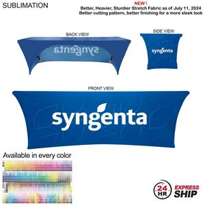 24 Hr Express Ship - Sublimated Stretch Curved Fit Table Throw for 8ft table, 3 sided, Open Back
