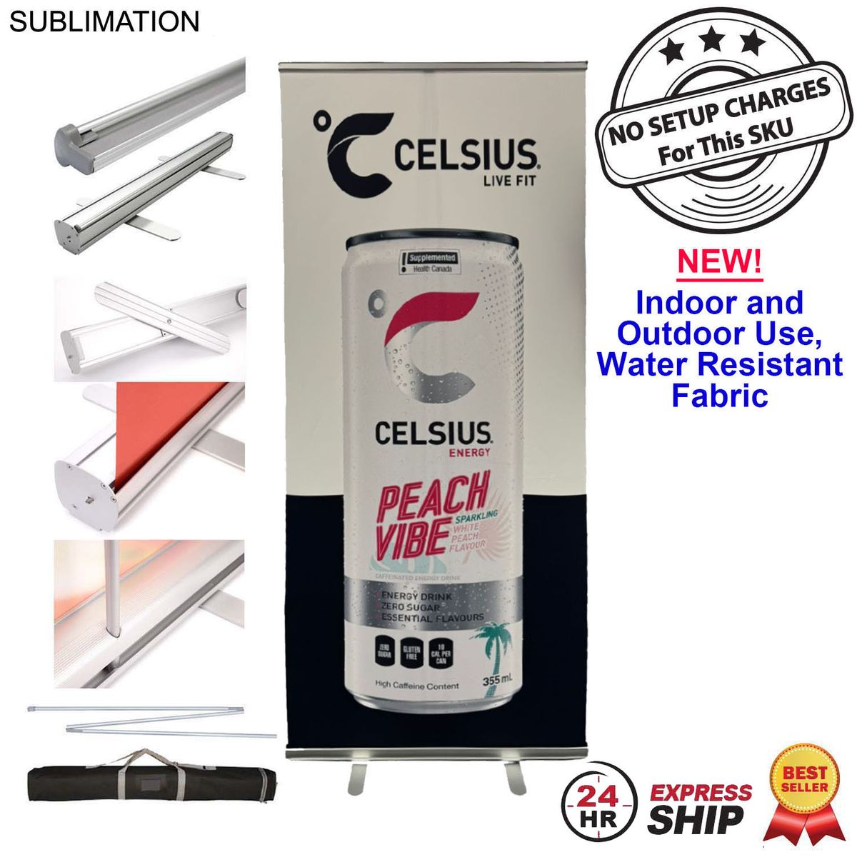 24Hr Express Ship-Sublimated Heavy Fabric Premium Retractable Pull Up Banner, Stand & Bag, (33.5"x79