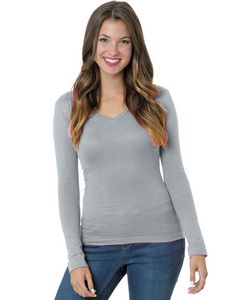 BAYSIDE Ladies' USA Made Long-Sleeve Deep V-Neck T-Shirt