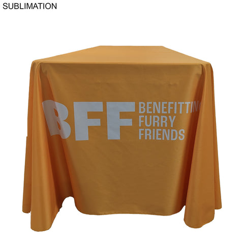 72 Hr Fast Ship - Sublimated PREMIUM Cloth for 8' table, Drape style, Closed Back, Rounded Corners