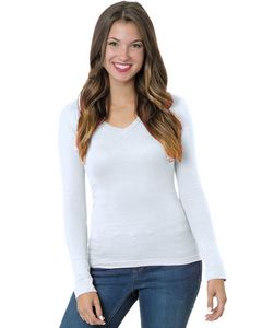 BAYSIDE Ladies' USA Made Long-Sleeve Deep V-Neck T-Shirt