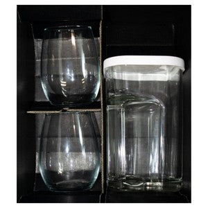 ~ Veranda & Calypso Set, 1 jug, 2 stemless wine glasses in a Shadow Gift box - Etched