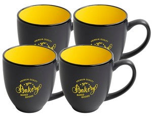 ~ Bistro 16oz 2tone black/yellow mug S/4 in Raven gift box