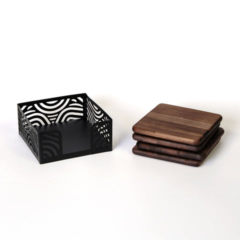 4 Pc. Acacia Wood Square Coaster Set with Black Metal Stand