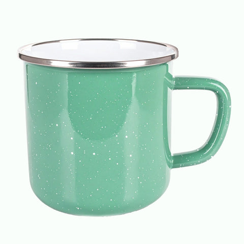 Happy Camper enamel 18oz mug w/SS rim Aqua with white dots