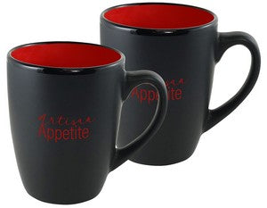 ~Cottager 12oz matte black mug with red interior S/2 in Mystique gift box