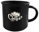 Campfire 16oz black mug with black distress trim white speckles in Ripple gift box - Etched