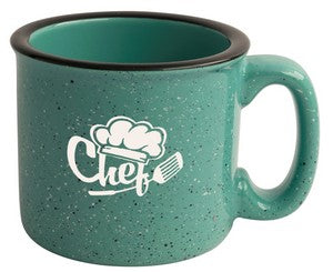 Santa Fe 15oz speckled/aqua mug with black rim - Etched