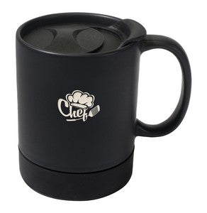 Parkdale 12oz matte black ceramic mug with black silicone base & slide lid in Ripple box - Etched